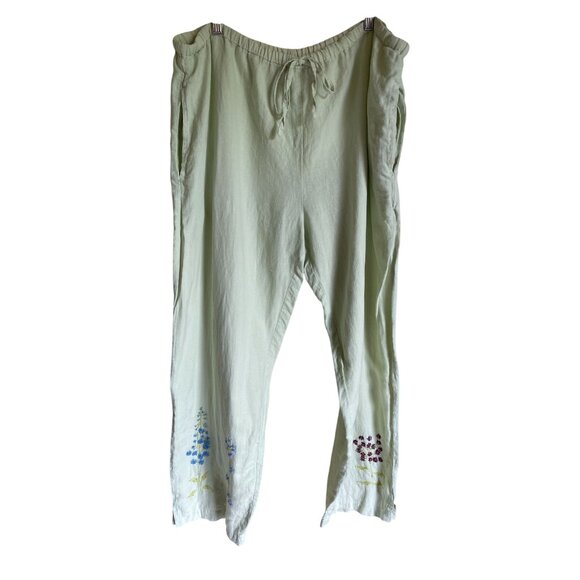 LA Blend 100% Linen Light Green Straight Leg Beaded Floral Pants Drawstring Size - Picture 1 of 12